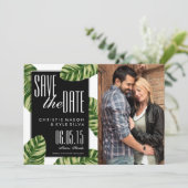 Tropische palmboomstamwedstrijd Beach Weddenschap Save The Date (Staand voorkant)