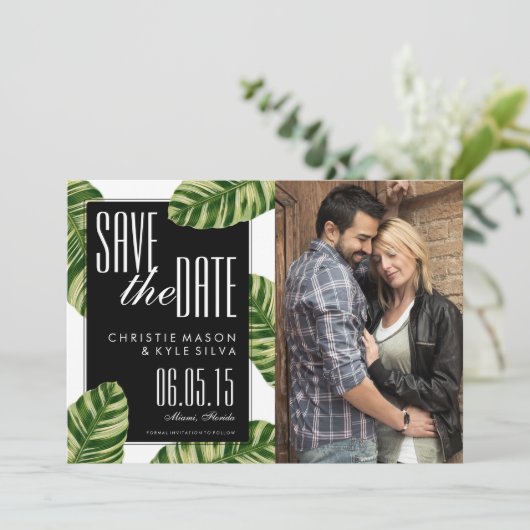 Tropische palmboomstamwedstrijd Beach Weddenschap  Save The Date (Staand voorkant)