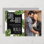 Tropische palmboomstamwedstrijd Beach Weddenschap Save The Date (Voorkant / Achterkant)