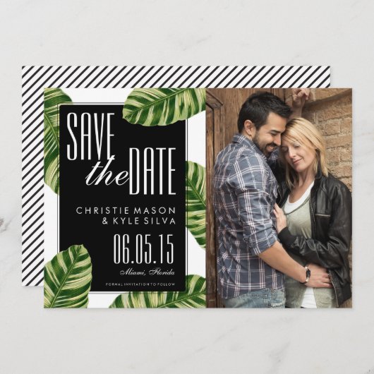 Tropische palmboomstamwedstrijd Beach Weddenschap  Save The Date (Voorkant / Achterkant)