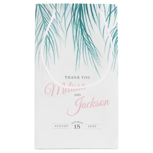Tropische palmbruiloft bedankt blauwgroen sinaasap klein cadeauzakje (Achterkant)