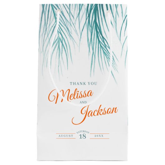Tropische palmbruiloft bedankt blauwgroen sinaasap klein cadeauzakje (Voorkant)