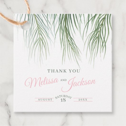 Tropische palmbruiloft bedankt donkergroen roze wi bedankjes labels (Voorkant)