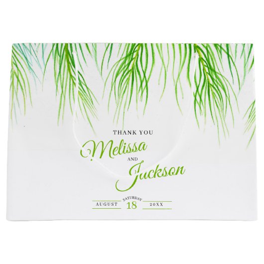 Tropische palmbruiloft bedankt duwen groen en wit groot cadeauzakje (Voorkant)