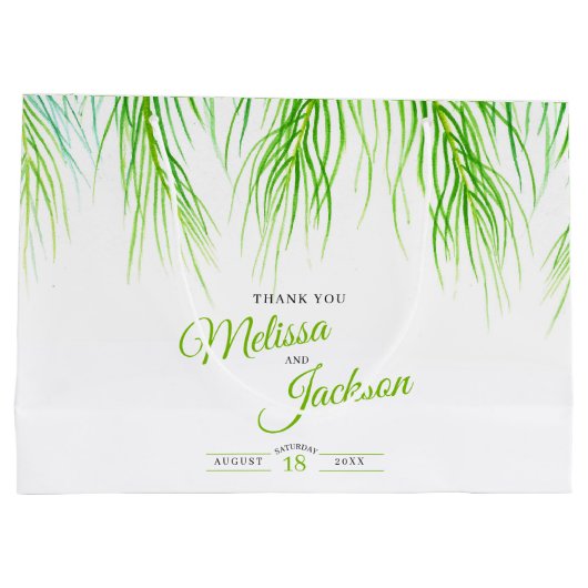 Tropische palmbruiloft bedankt duwen groen en wit groot cadeauzakje (Achterkant)