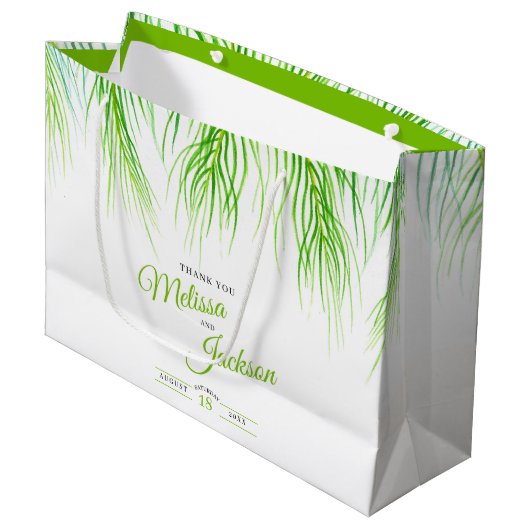 Tropische palmbruiloft bedankt duwen groen en wit groot cadeauzakje (Voorkant Gekanteld)