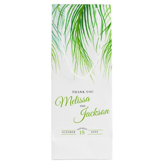 Tropische palmbruiloft bedankt duwen groen en wit wijn cadeautas (Achterkant)