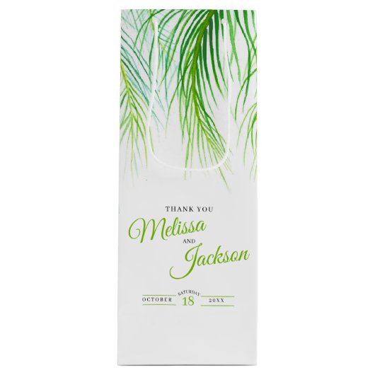 Tropische palmbruiloft bedankt duwen groen en wit wijn cadeautas (Voorkant)