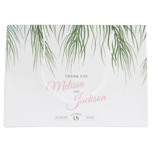 Tropische palmbruiloft bedankt roze groen en wit groot cadeauzakje (Voorkant)