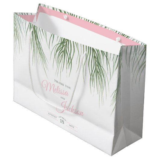 Tropische palmbruiloft bedankt roze groen en wit groot cadeauzakje (Voorkant Gekanteld)