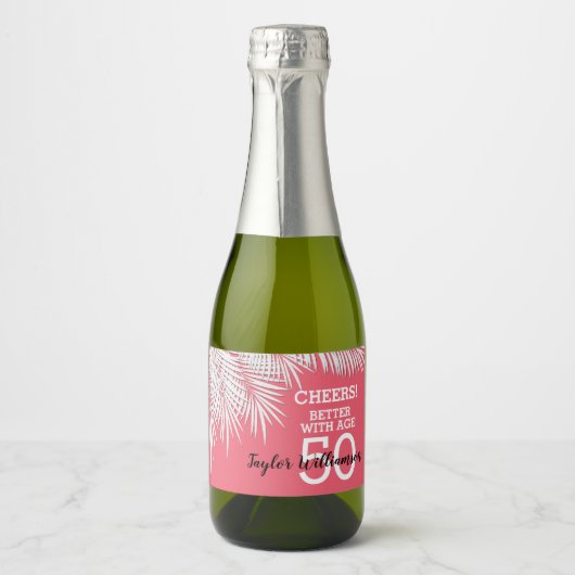 Tropische palmen Birthday roze mini Sparkling Wijnetiket (Voorkant)
