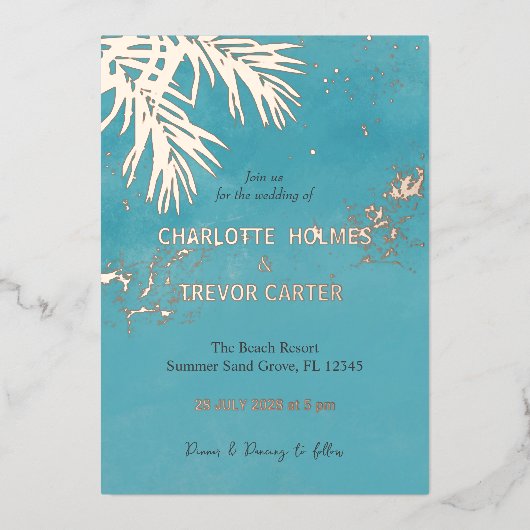 Tropische palmen Blue Ocean Beach Bruiloft Goud Folie Uitnodiging (Voorkant)