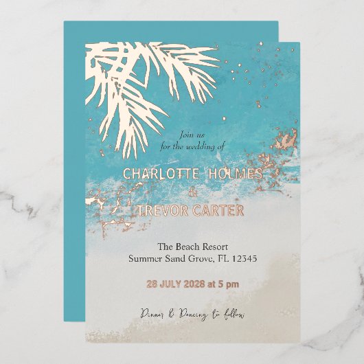 Tropische palmen Blue Ocean Beach Bruiloft Goud Folie Uitnodiging (Voorkant / Achterkant)