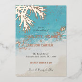 Tropische palmen Blue Ocean Beach Bruiloft Goud Folie Uitnodiging (Voorkant)