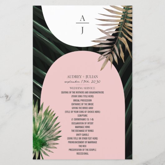 Tropische Palmen Blush Roze Boog Monogram Bruiloft (Voorkant)