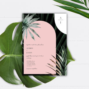 Tropische Palmen Blush Roze Boog Monogram Bruiloft Kaart