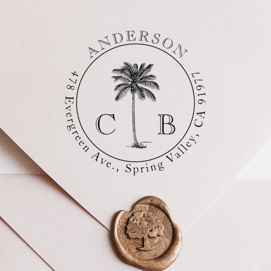  Tropische Palmen bruiloft Monogram & Adres Zelfinktende Stempel