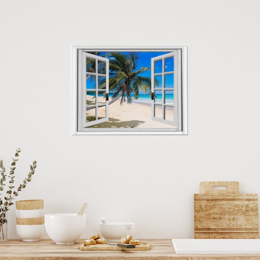 Tropische palmen en Ocean Faux Uitzicht Poster (Keuken)