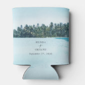 Tropische palmen en strand bestemming bruiloft blikjeskoeler (Achterkant)