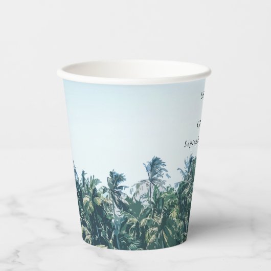 Tropische palmen en strand bestemming bruiloft papieren bekers (Voorkant)