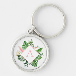 Tropische palmen Monogram Blush Pink Weddenschap Sleutelhanger