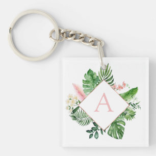 Tropische palmen Monogram Blush Pink Weddenschap Sleutelhanger