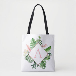 Tropische palmen Monogram Blush Pink Weddenschap Tote Bag