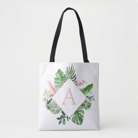 Tropische palmen Monogram Blush Pink Weddenschap Tote Bag (Voorkant)