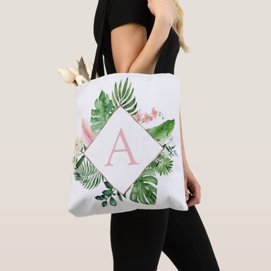 Tropische palmen Monogram Blush Pink Weddenschap Tote Bag (Dichtbij)