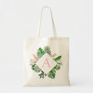 Tropische palmen Monogram Blush Pink Weddenschap Tote Bag