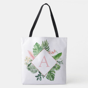 Tropische palmen Monogram Blush Pink Weddenschap Tote Bag