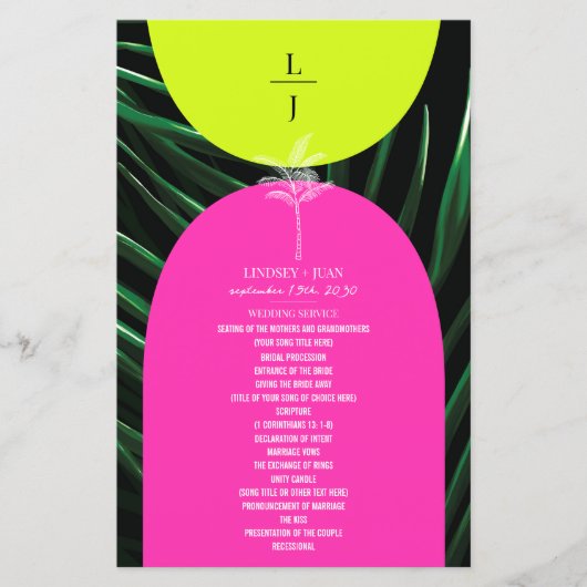 Tropische Palmen Neon Boogjes Monogram Bruiloft (Voorkant)