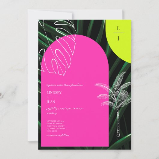 Tropische Palmen Neon Boogjes Monogram Bruiloft Kaart (Voorkant)