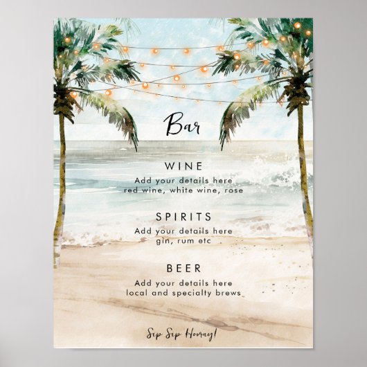tropische palmen strand bruiloft partij bar teken poster (Voorkant)