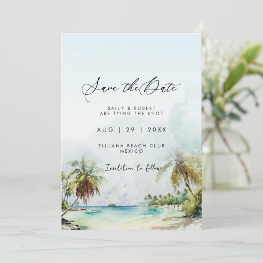 Tropische palmen strand scène opslaan van de datum bedankkaart (Staand voorkant)