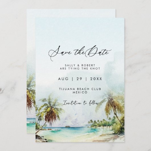 Tropische palmen strand scène opslaan van de datum bedankkaart (Voorkant / Achterkant)