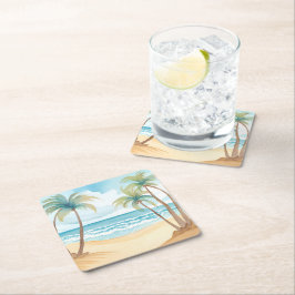 Tropische palmen | Strand Waterverf bruiloft Kartonnen Onderzetters