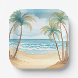Tropische palmen | Strand Waterverf bruiloft Papieren Bordje