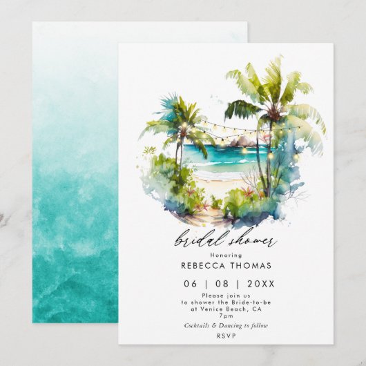 tropische palmen strandbridal - doucheuitnodiging kaart (Voorkant / Achterkant)