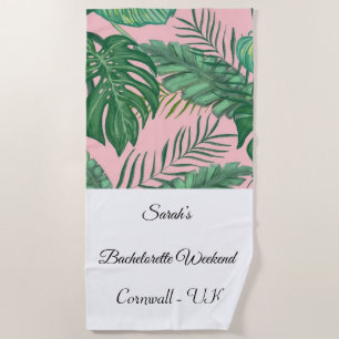 Tropische palmenblad roze vrijgezellenstrandhanddo strandlaken