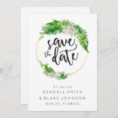 Tropische palmenbladeren en groen blad krans save the date (Voorkant / Achterkant)