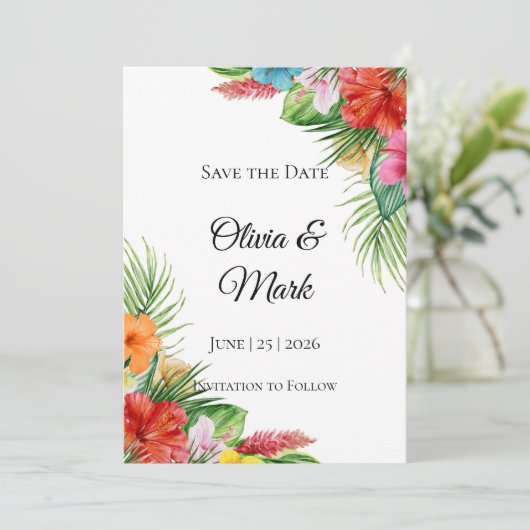 Tropische palmenbladeren Save the Date | Moderne z Kaart (Staand voorkant)