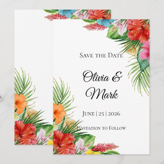 Tropische palmenbladeren Save the Date | Moderne z Kaart (Voorkant / Achterkant)