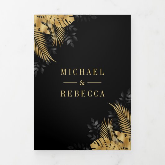 Tropische palmfoto van Black and Gold Foil Weddens Drieluik Uitnodiging (Cover)