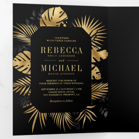 Tropische palmfoto van Black and Gold Foil Weddens Drieluik Uitnodiging (Binnenzijde eerst)