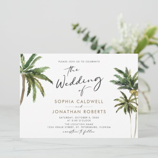 Tropische palmkalligrafie bestemming bruiloft kaart (Staand voorkant)