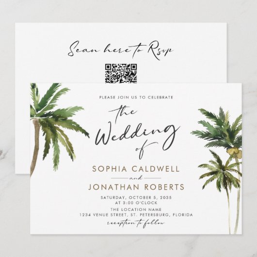 Tropische palmkalligrafie bestemming bruiloft kaart (Voorkant / Achterkant)