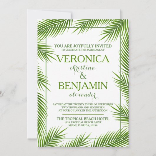 Tropische palmkeien strandbruiloft kaart (Voorkant)