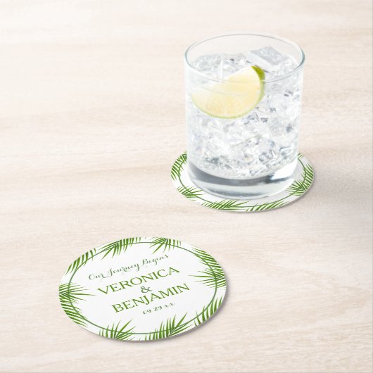 Tropische palmkeien strandbruiloft ronde kartonnen onderzetter (Insitu)