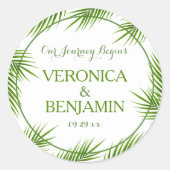 Tropische palmkeien strandbruiloft ronde sticker (Voorkant)